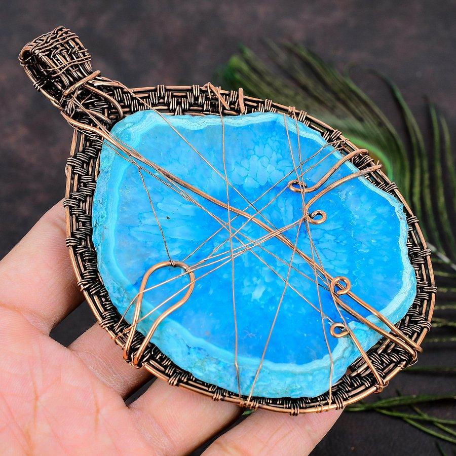 Natural Aqua Solar Druzy Gemstone Handmade Copper Wire Wrap Pendant 4.93 V6Q07