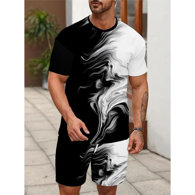 

Summer Men s Two-piece Black And White Texture Printing Pattern Breathable Suit Men s Outdoor Leisure Hawaii Suit S