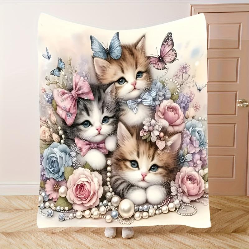 

1 piece of comfortable and cute cat animal peony flower butterfly noble luxurious elegant theme pattern printed flannel blanket 75cmx90cm