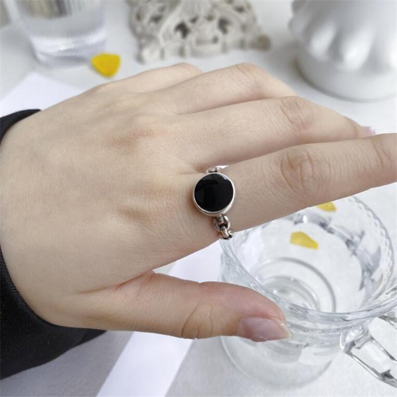 Simple Epoxy Round 925 Sterling Silver Jewelry Personality Distressed Chain Geometric Retro Opening Rings TYB036