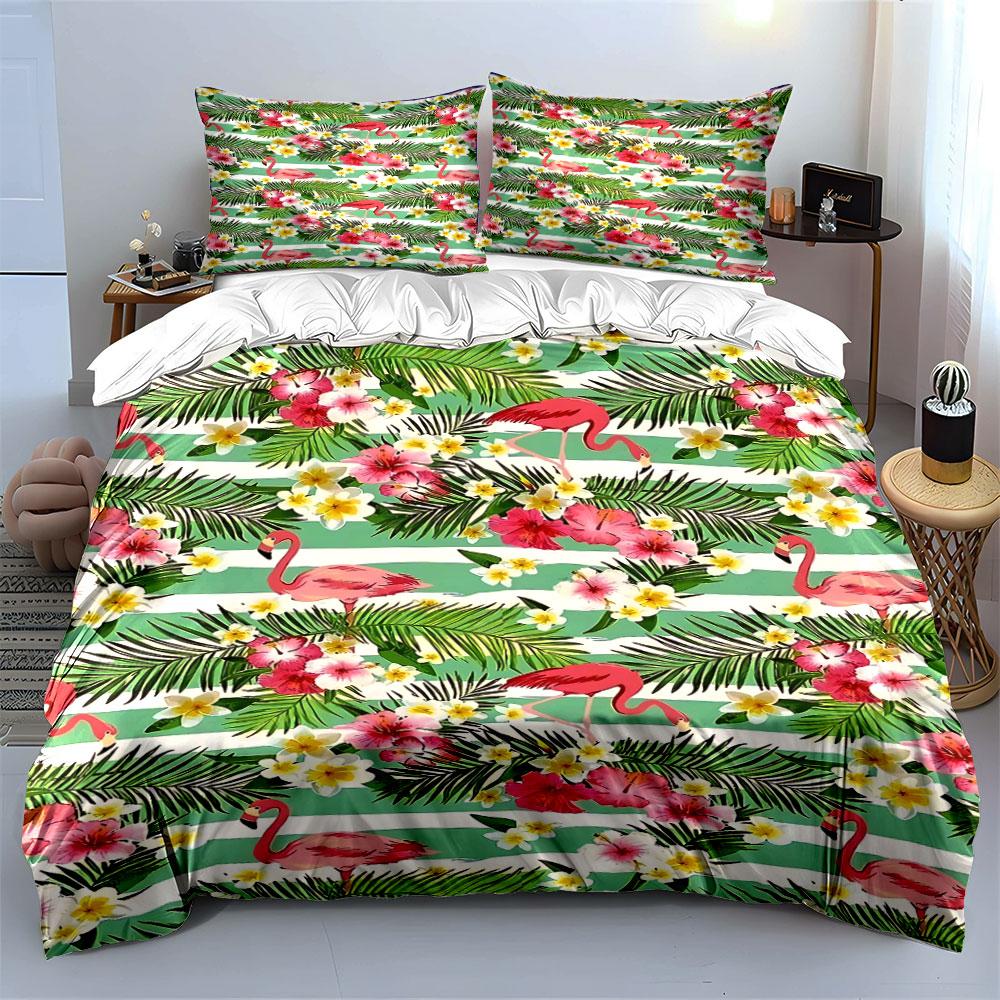 Flamingos, Flowers, Green Stripes. Bedding Sets Duvet Cover Sets Duvet Covers Pillowcases(1 * Duvet Cover 2 * Pillowcases, Without Duvet Insert)