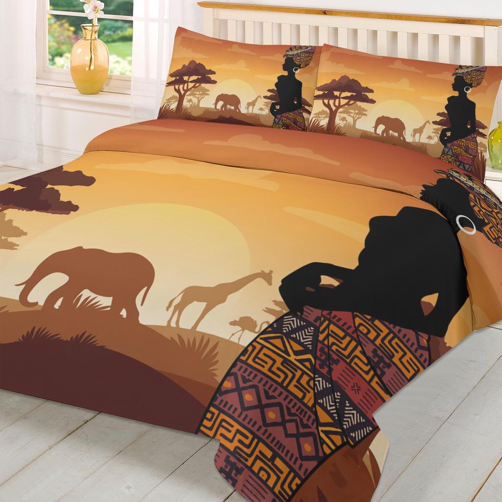 Afrika Frau Giraffe Elefant Silhouetten Bettbezug mit Kissenbezug 3tlg. Bettwäsche-Set Bettdeckenbezug Doppelbett Heimtextilien