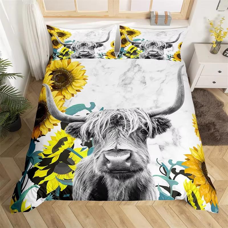 Highland Cow Duvet Cover Western Farmhouse Animal Bedding Set Microfiber Farm Bull Cattle Floral Comforter Cover Twin King Size
