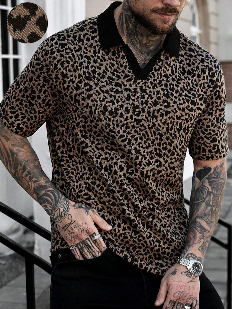 Stylish Leopard Print Short Sleeve Polo Shirt, Trendy Casual Top