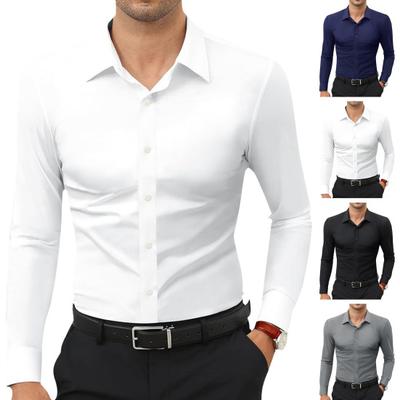 Men's Dress Shirt Long Sleeve Lapel Button Down Shirt Solid Color Formal
