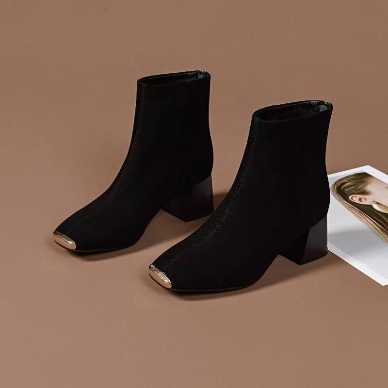 Anti-kick Head Suede Boots Women's Autumn New Thick Heel Metal Round Head Middle Heel Elastic Thin Socks Boots
