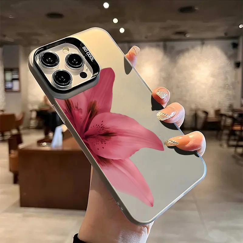 Lily Flower Print IMD Material Silvery Phone Case for iPhone 16 E 15 14 13 12 11 Pro Max XS XR X 7 8 15 16 Plus Shockproof Cover