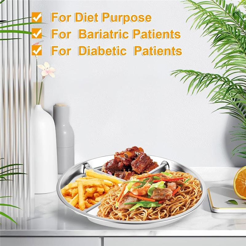 ABMH-4 Pack Stainless Steel Divided Plates Unbreakable Dinner Plates Bariatric Diabetic Diet Forfood серебряный