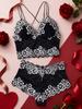 Two-tone Floral Lace Bra Set, V-neck Body-hugging Hallow-out Camisole Top and Panties, Women's Daily Comfortable Lingerie