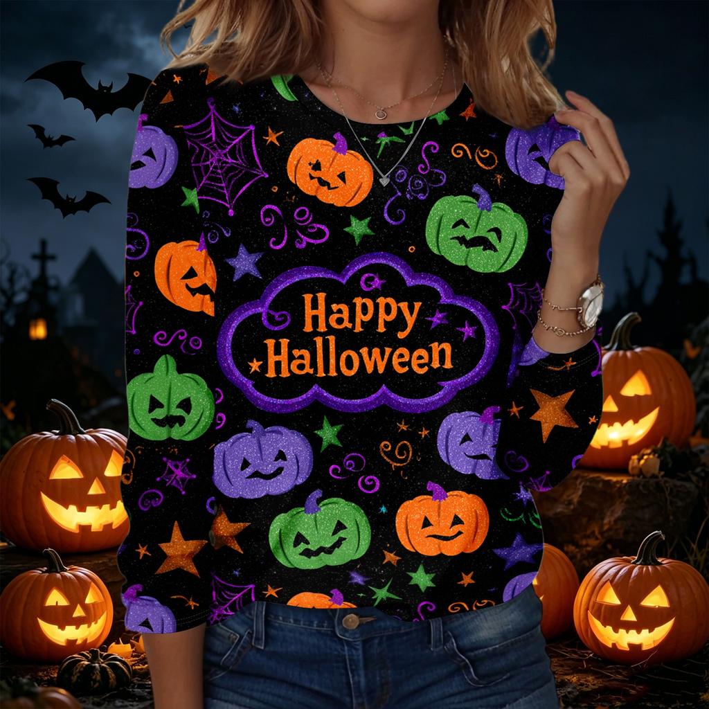 Women's Halloween Print Pullover Sweatshirt Long Sleeve Crew Neck Casual Top Comfortable Fit Seasonal Design