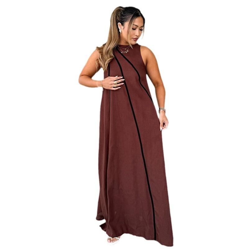 Women's fashion solid color patchwork striped simple sleeveless loose dress for women