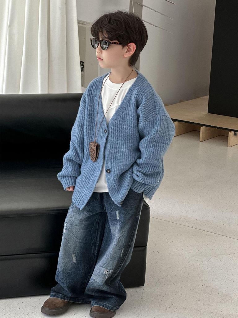 Boys' Wool Knitted Cardigan - 2025 Autumn Style Korean Version