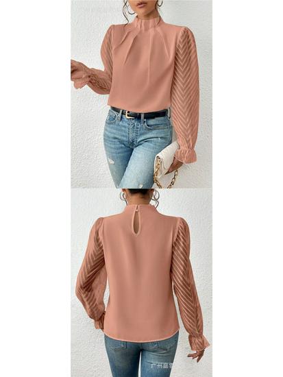 Women's Autumn/Winter Half-High Collar Chiffon Top with Patchwork Wave Pattern