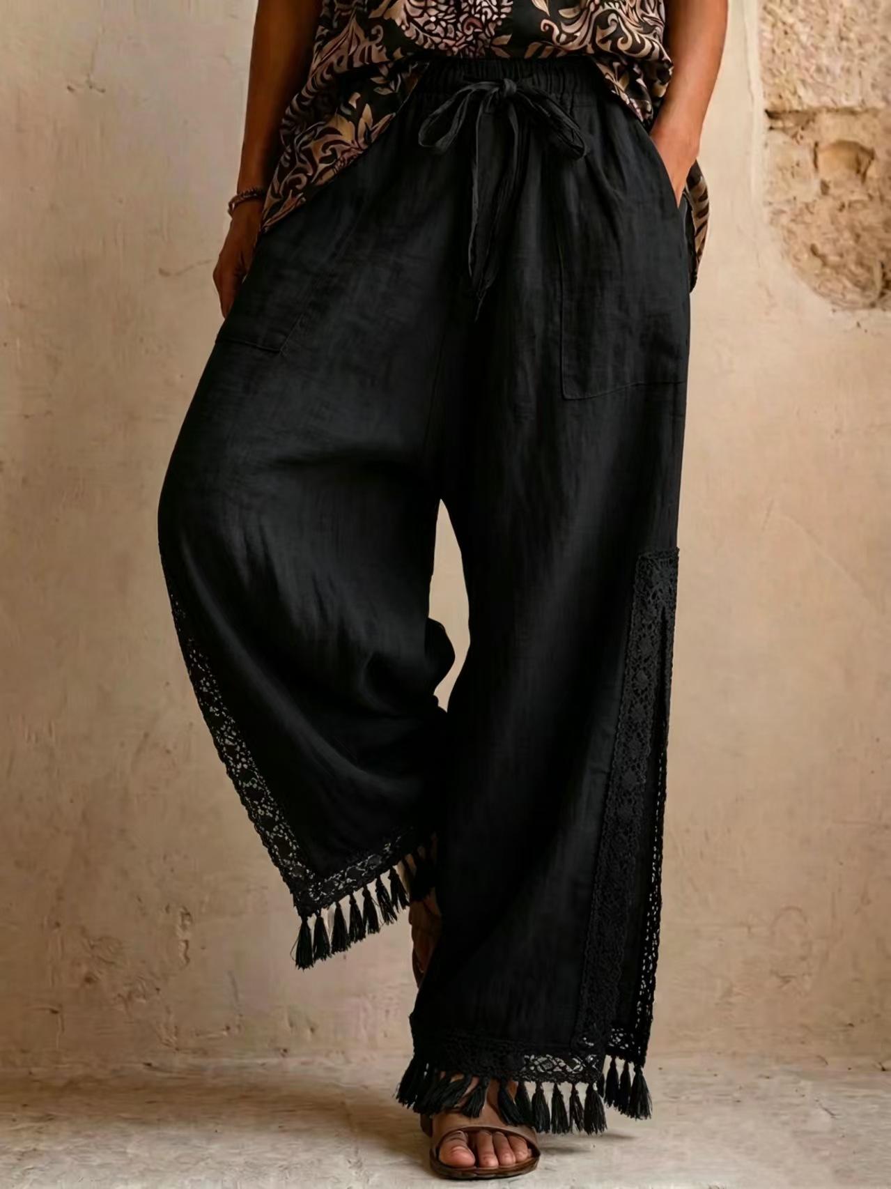 2026 Amazon Europe, America, spring and summer cotton and linen side split lace fringed bohemian vacation style wide-leg pants S чёрный