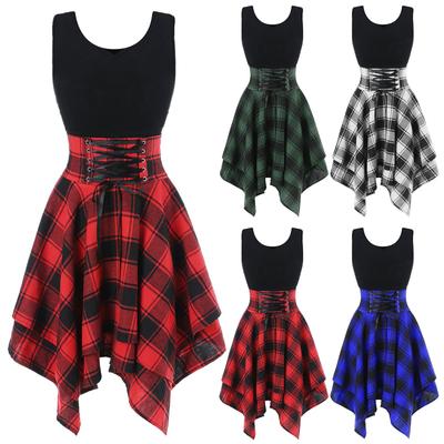 Fashion Women Sleeveless Cold Shoulder Cross  Up Plaid Print Irregular Dress