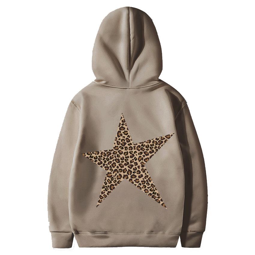 Mode Einfacher Leopardenmuster Fünfzackiger Stern Kapuzenpullover Lässig Locker Kängurutasche Kordelzug Pullover Oberteile
