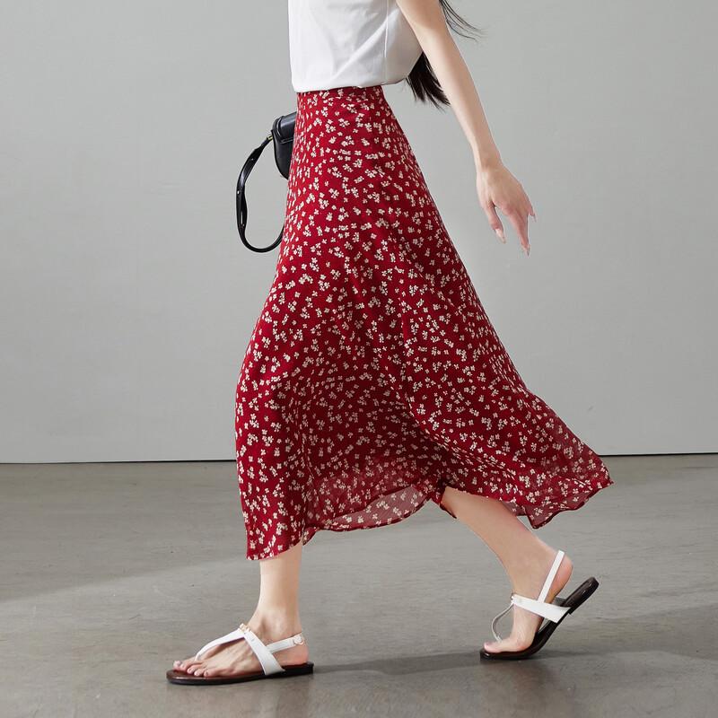 SOFSIL 2026 Summer French Style Printed A-Line Midi Skirt 28/L