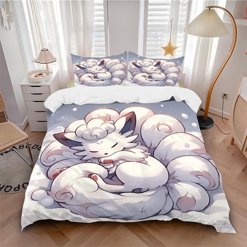 3pcs Nine Tailed Fox Cute Cartoon Design Printed Bedding Set, Soft and Comfortable Quilt Cover for Bedroom, Guest Room (1 Duvet Cover + 2 Pillowc