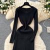 Autumn Winter Women Elegant V-neck Full Sleeve Knitted Pullover Sweater Long Maxi Party Mermaid Dresses
