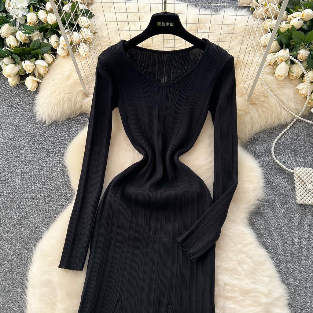 Autumn Winter Women Elegant V-neck Full Sleeve Knitted Pullover Sweater Long Maxi Party Mermaid Dresses