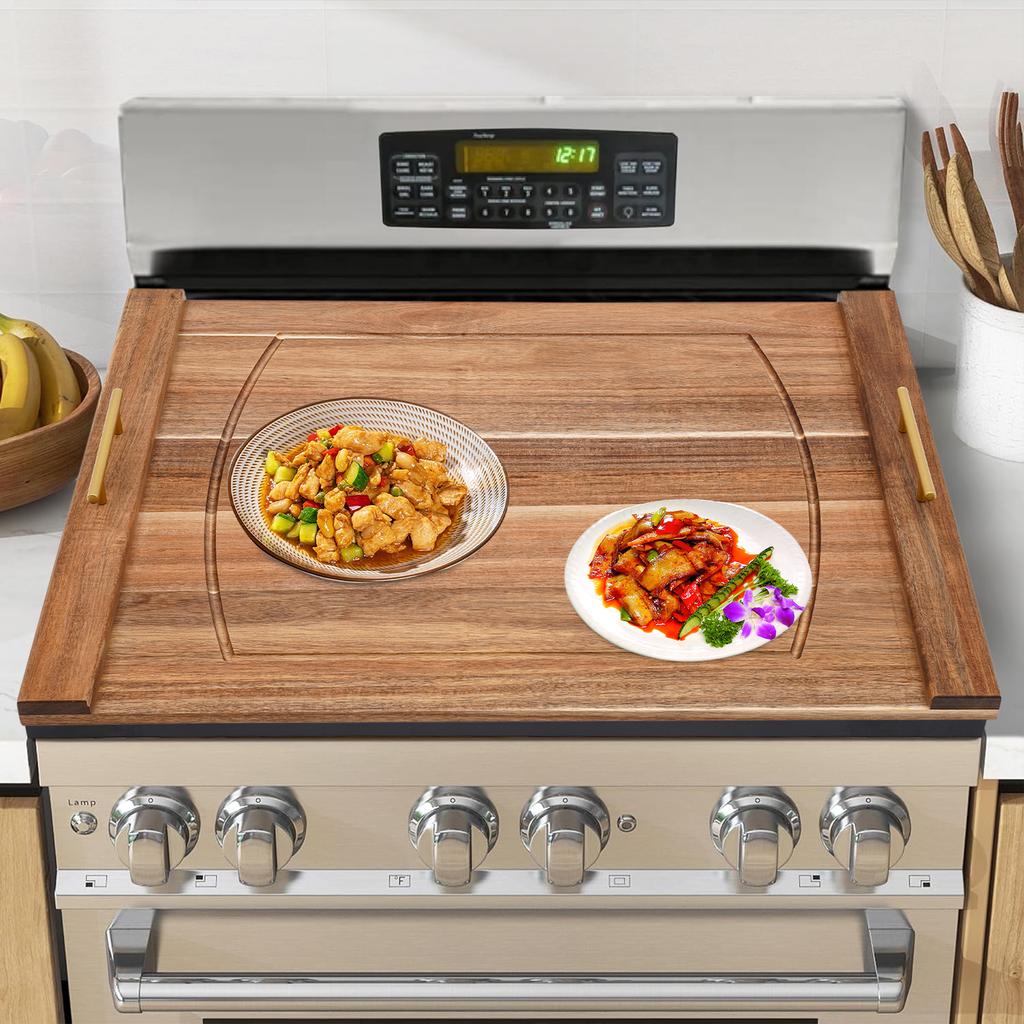 Stove Top Cover, Wooden Noodle Board with Built-in Handles, 30x22 Inch Rectangular Stovetop Plate, Kitchen Countertop Protector