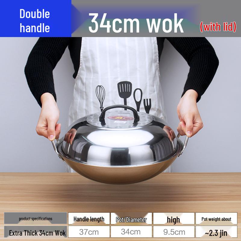 Extra Thick Non-Magnetic Stainless Steel Wok, 34-100cm Round Bottom with Double Ears for Commercial Use