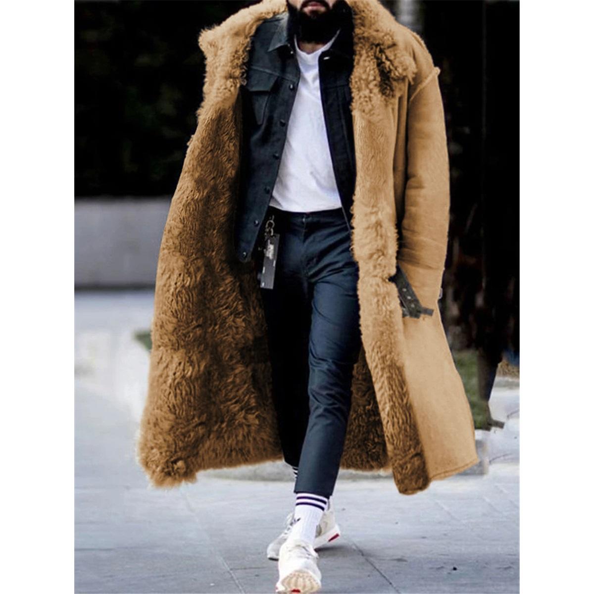 Men Faux Shearling Long Coat Turndown