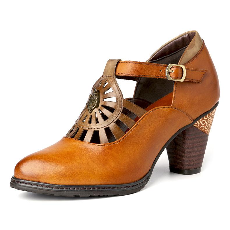 Johnature Genuine Leather Hollow Out Thick Heel Pointed High Heels Retro Pumps Hand Painted Shallow Women's Shoes