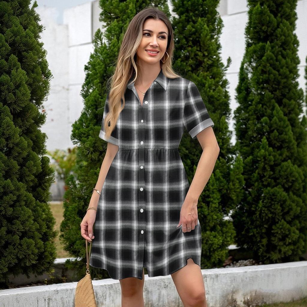 Women’s Casual Loose Fit Shirt Dress Button Front Stand Collar Plaid Pattern Short Sleeve Relaxed Tunic Dress for Daily Wear