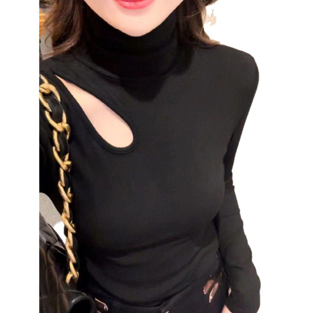 Plus Size Elegant Double-Sided Hollow High Neck Slim Fit Long Sleeve Top for Women, Autumn/Winter 2025 Edition