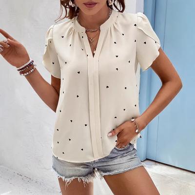 Amazon tiktoktemu Roupas femininas europeias e americanas verão 2026 blusa de temperamento com decote em V e manga de pétala de amor