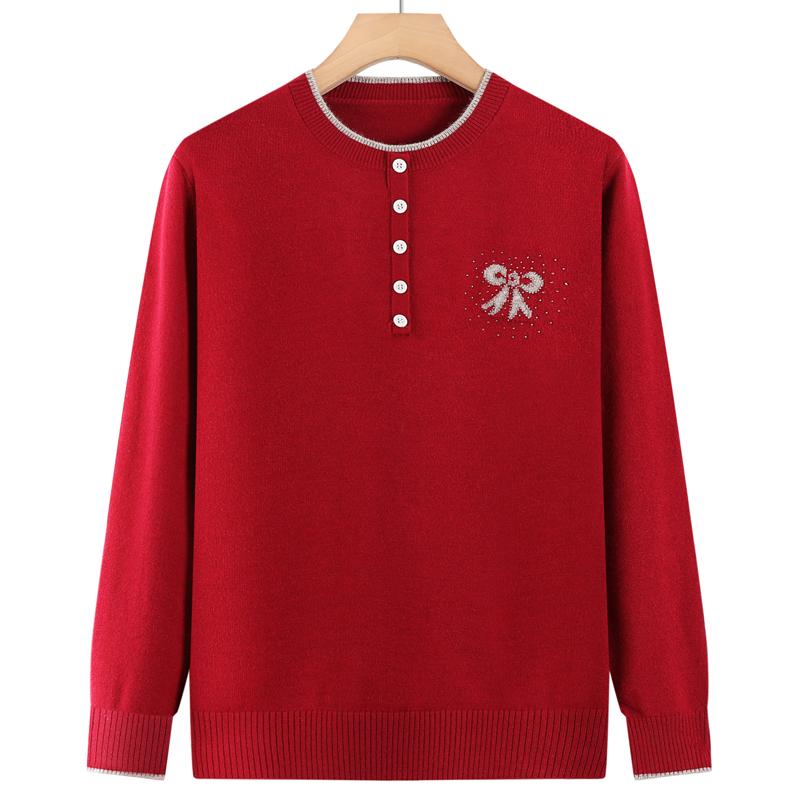Women Plus Size Henley Knit Sweater Bow Rhinestone Decor Warm Long Sleeve Pullover