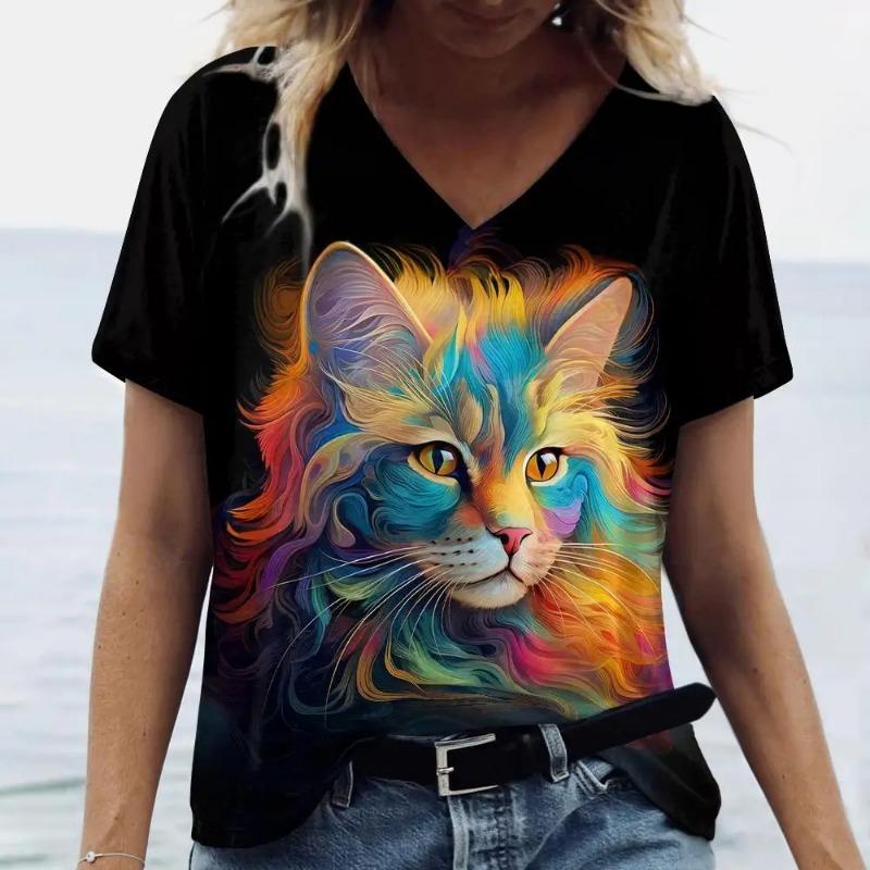 plus size 7XL Ladies' V-neck T-shirt 3D Printed Fashion Trend Bird Cat Dog Animal Print Short Sleeved Clothing Breathable Top T-Shirts Women’s