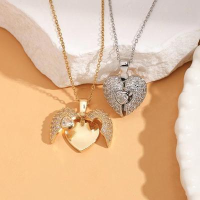 Cross-Border Diamond Heart Wings Clavicle Chain Necklace with Personalized Engraved Logo