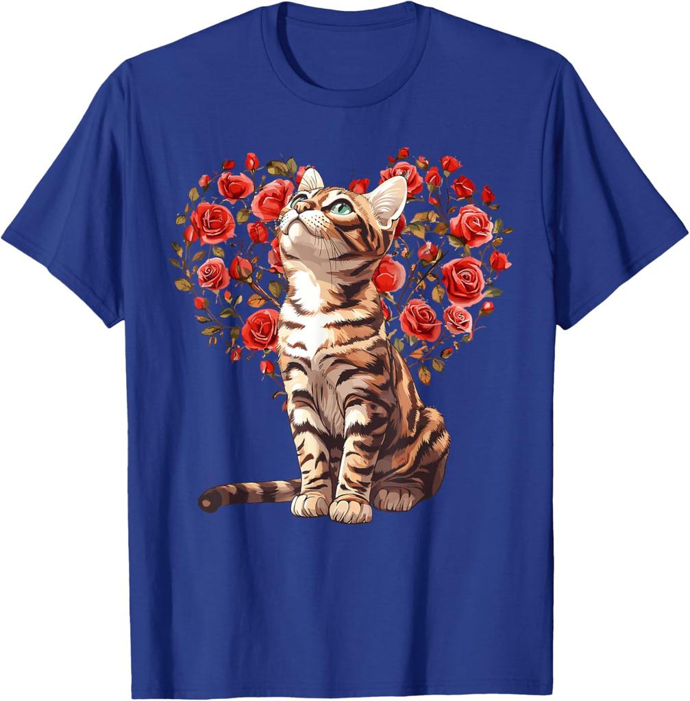 Bengal Cat Heart Rose Floral T-Shirt Cute Cat Lovers Casual Daily Graphic Tee