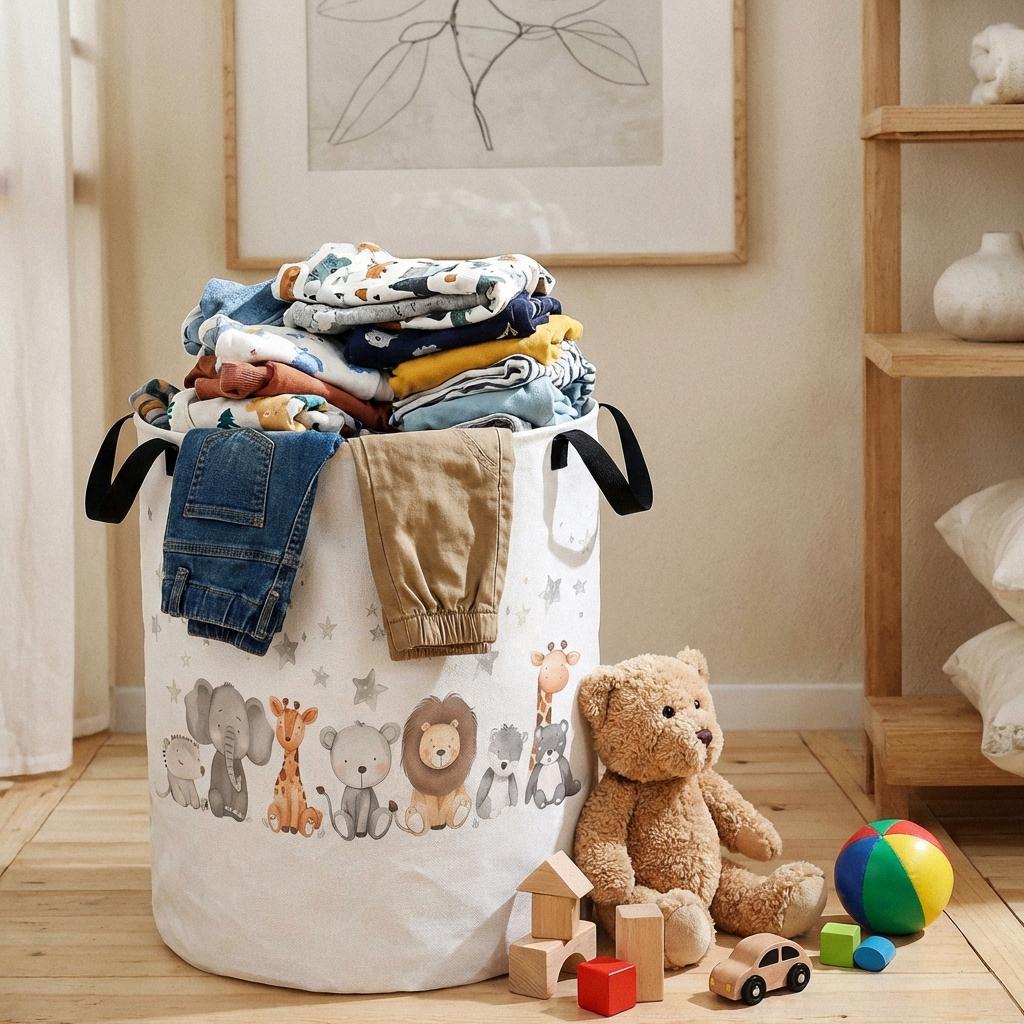 Animal laundry basket, foldable large capacity canvas storage bucket, children's toy clothing storage, home bathroom
