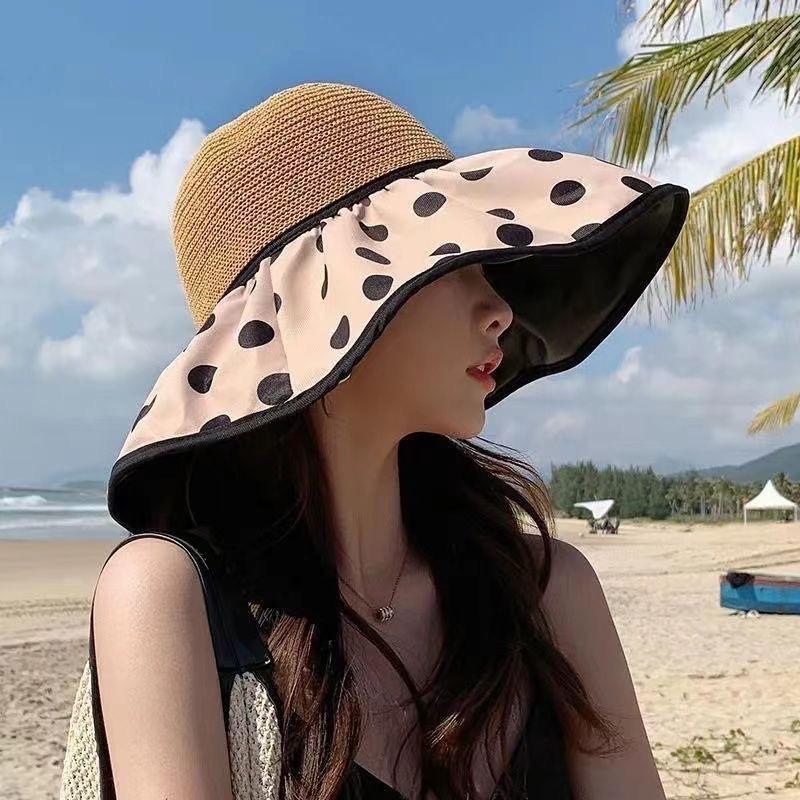 Hat Spring and Summer Female Face Covering Versatile Sunscreen Hat Bucket Hat Polka Dot Sun Hat Female Hat Straw Hat UV Protection Face Covering