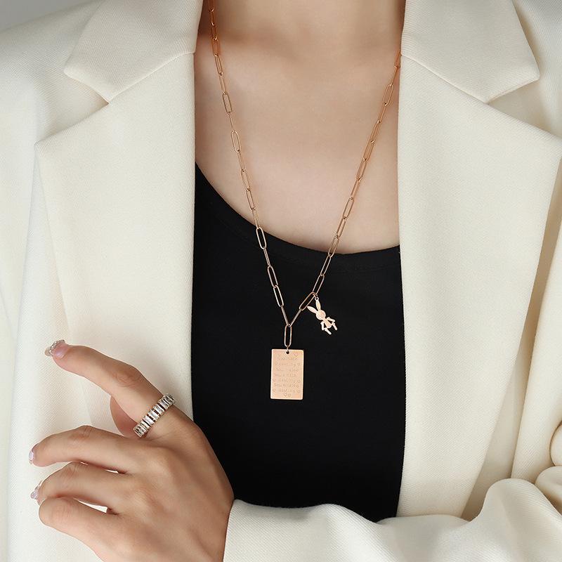 Love Letter Rabbit Pendant Necklace: Rectangle, Long Chain, Fade-Resistant Gold-Plated Titanium Steel.