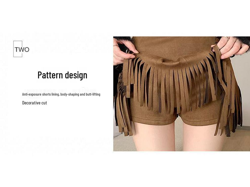 2025 Autumn/Winter Women's Retro Suede High-Waisted Tassel A-Line Mini Skirt