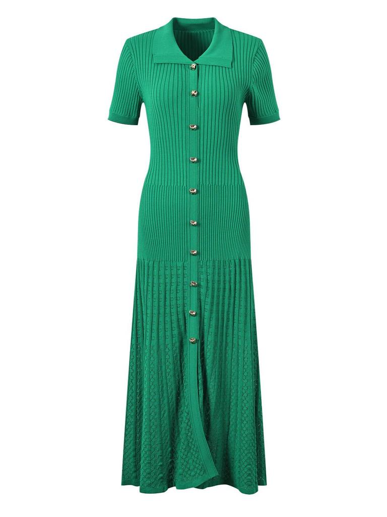 Přiléhavé evropské a americké pletené šaty s polo límečkem a rozšířenou sukní 2025 - Dámské středně dlouhé šaty se stahujícím pasem