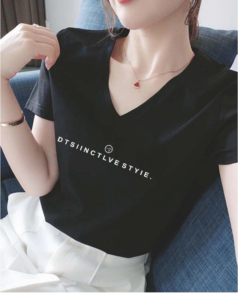 Women's Short Sleeve Graphic Tee V Neck Casual Fashion T-Shirt With Cute Embroidered Print