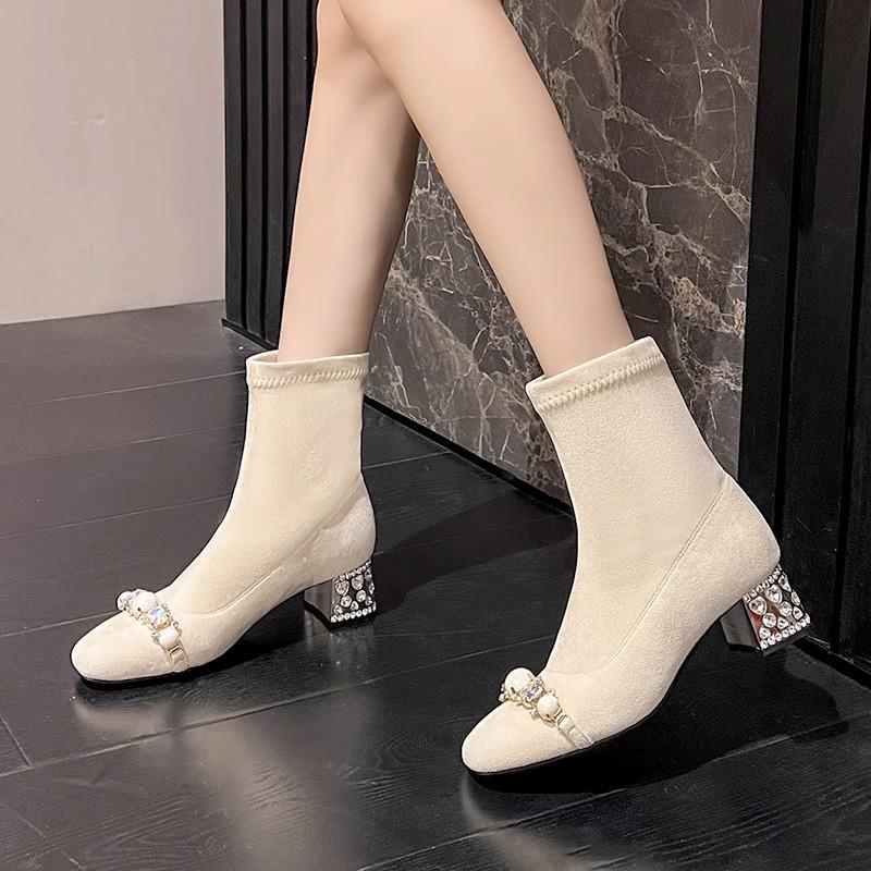 Women's Suede Ankle Boots Square Toe Crystal Mid Heels for Women Pearl Rhinestones 2025 Trendy Elegant Dress Winter High Heels