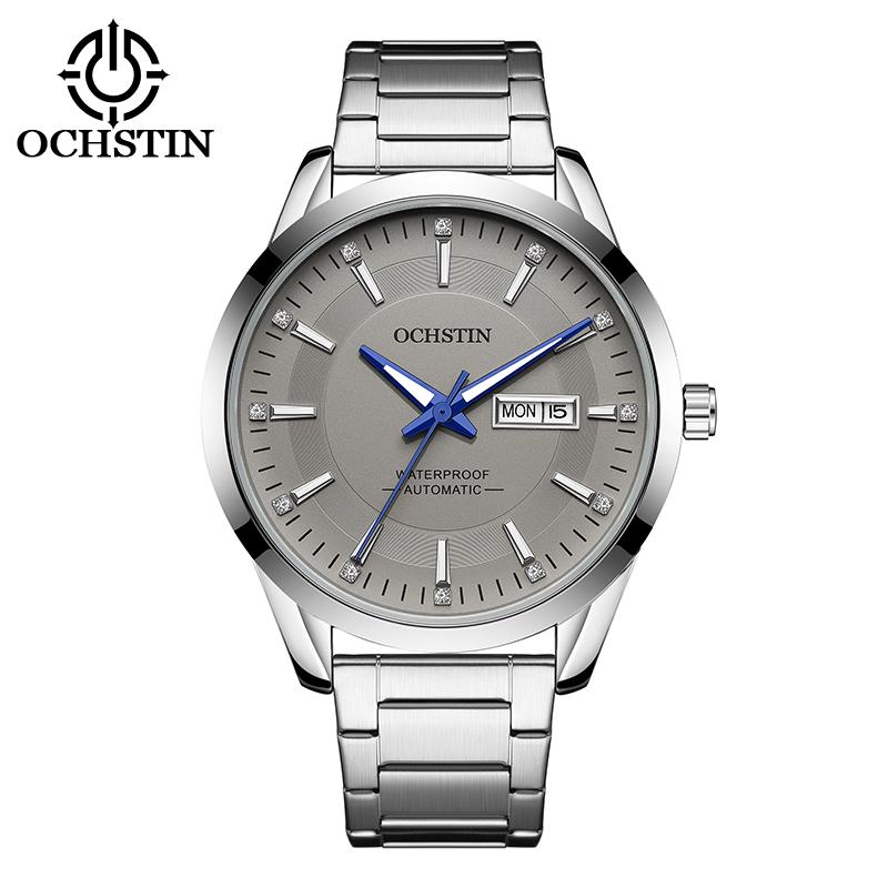 OCHSTIN Men Watch Self-Wind Mechanical Date Day Calendar Luminous Dial Transparent Back Stainless Steel Band Male Business Dress