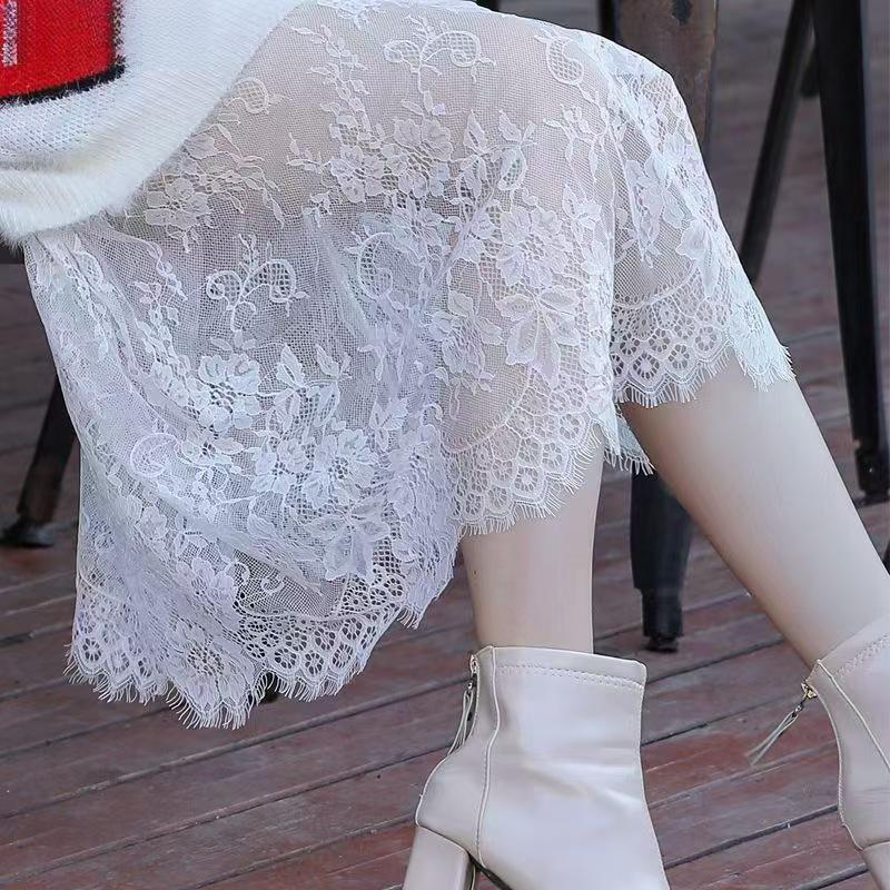 2025 Autumn/Winter French Retro Lace High-Waisted See-Through Slimming Loose Midi Skirt for Women