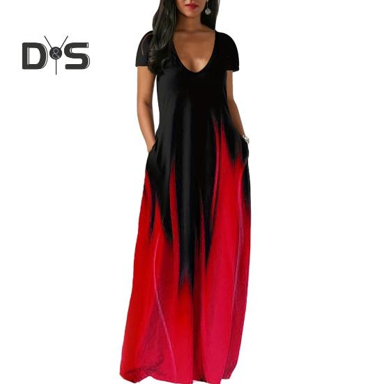 Women Maxi Dress with Pockets V Neck Short Sleeves Gradient Contrast Colors A-line Full Length Dress for Daily Party Dating