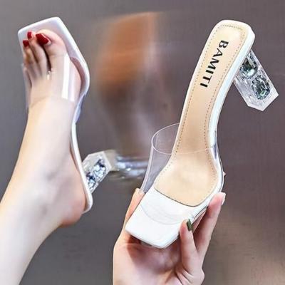 Sandali con tacco da donna estivi Pantofole in gelatina di PVC Punta aperta Tacchi alti da donna Pantofole in perspex trasparente Scarpe Sandali con tacco trasparenti