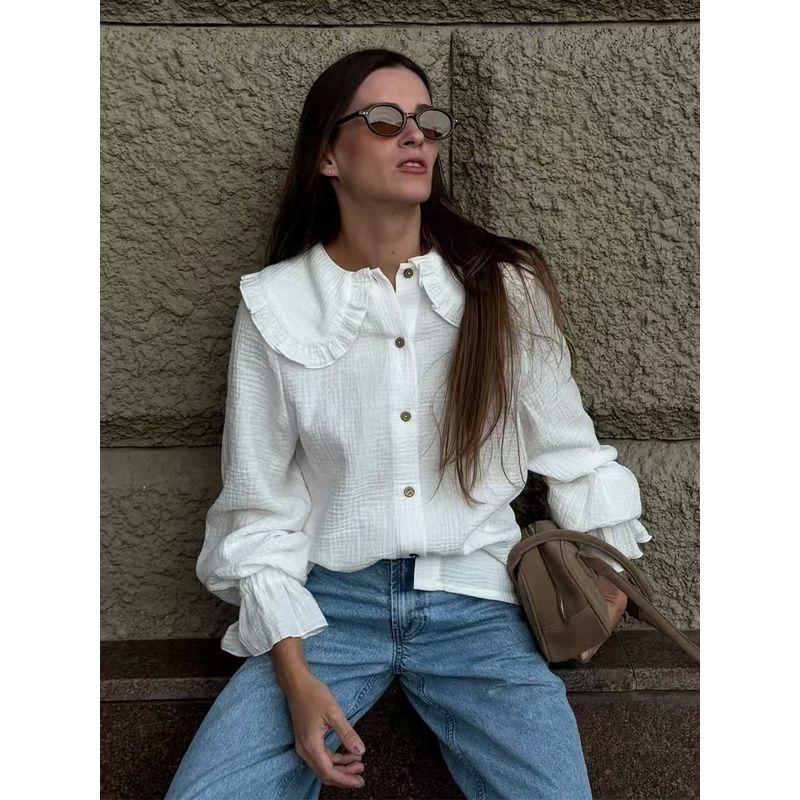 Fashion Style New Arrival Ruffles Lantern Sleeve Shirt Doll Collar Shirt Doll Collar Cotton Shirt