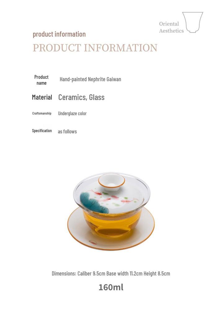Chinese Hand-Painted Gaiwan Tea Set with Borosilicate Glass and Mutton Fat Jade White Porcelain