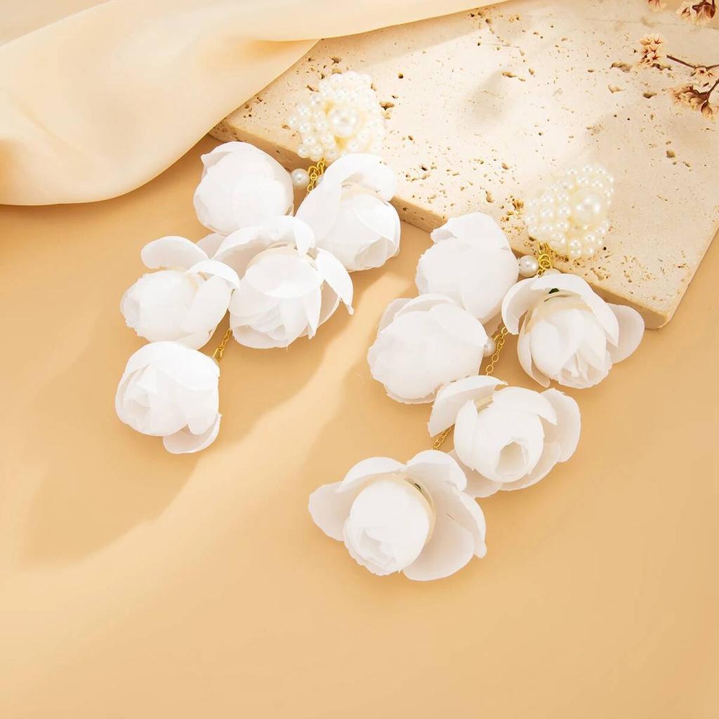 SHIXIN Romantic Pure White Flower Long Pendant Earrings for Women Bridal Elegant Imitation Pearl Drop Earrings Wedding Jewelry
