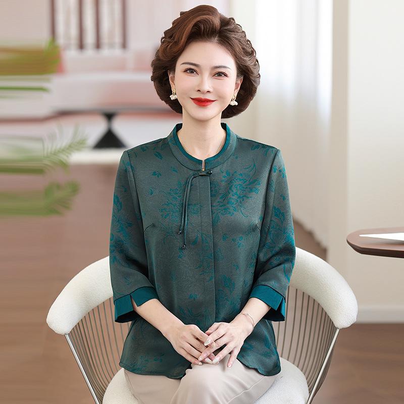 

Mother s New Chinese-Style Stand Collar Frog Button Jacquard Top for Middle-Aged and Elderly Women - Spring/Summer Lightweight Shirt XL (Up to 95 jin)